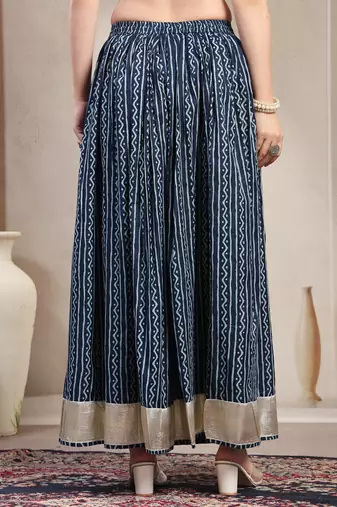 Blue printed cotton flared maxi skirt for women