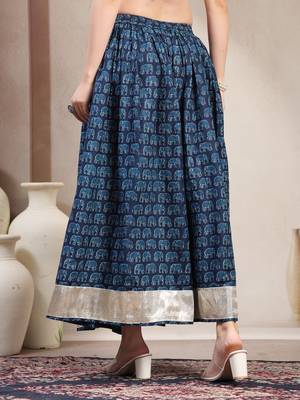 Blue graphic printed cotton flared maxi skirt for women 3