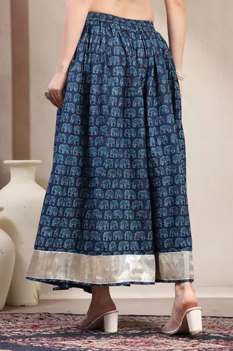 Blue graphic printed cotton flared maxi skirt for women