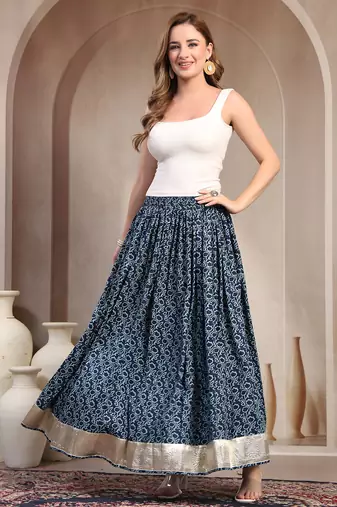 Blue floral printed cotton flared maxi skirt for women