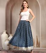Blue floral printed cotton flared maxi skirt for women