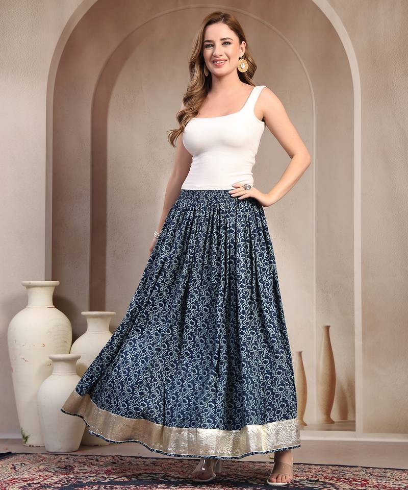 Blue floral printed cotton flared maxi skirt for women