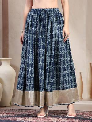Blue floral printed cotton flared maxi skirt for women 2