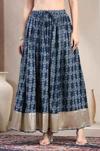 Blue floral printed cotton flared maxi skirt for women