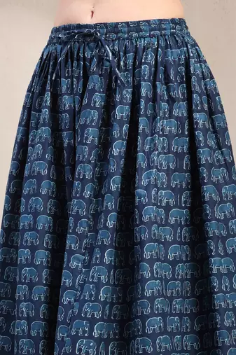 Blue graphic printed cotton flared maxi skirt for women