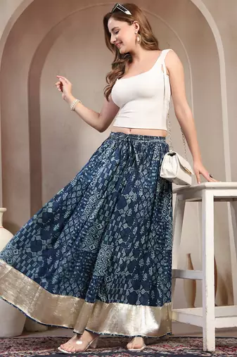 Blue floral printed cotton flared maxi skirt for women