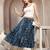 Blue floral printed cotton flared maxi skirt for women