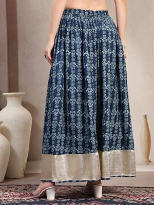 Blue floral printed cotton flared maxi skirt for women 3
