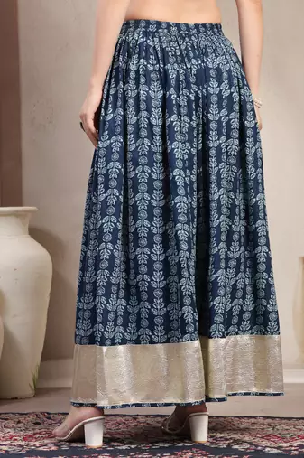 Blue floral printed cotton flared maxi skirt for women