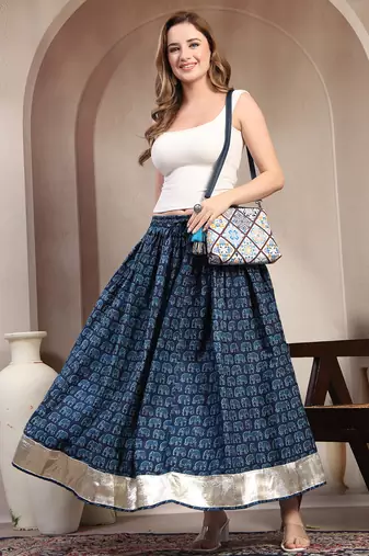 Blue graphic printed cotton flared maxi skirt for women