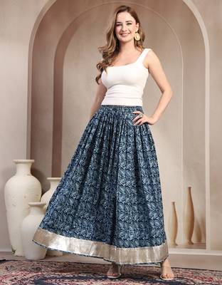Blue floral printed cotton flared maxi skirt for women 1