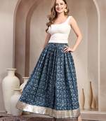 Blue floral printed cotton flared maxi skirt for women