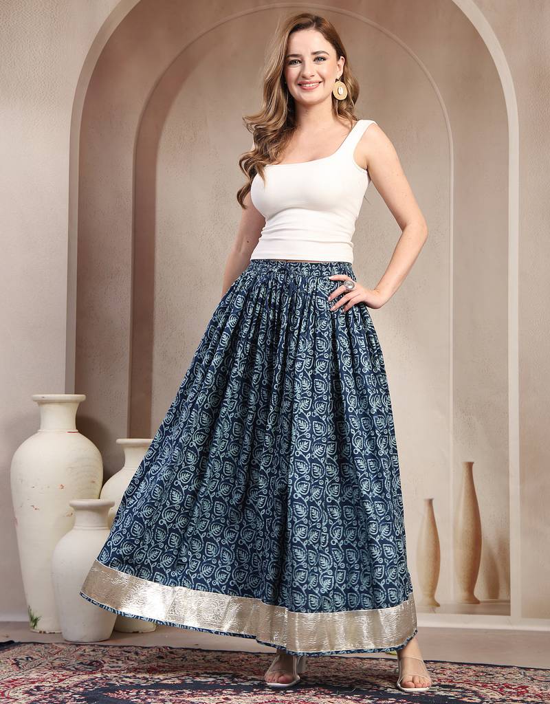 Blue floral printed cotton flared maxi skirt for women