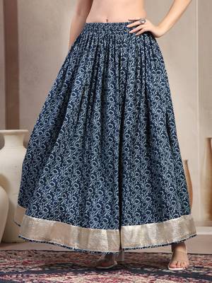 Blue floral printed cotton flared maxi skirt for women 2
