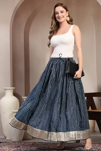 Blue printed cotton flared maxi skirt for women