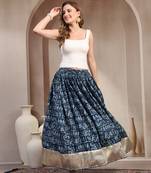Blue graphic printed cotton flared maxi skirt for women