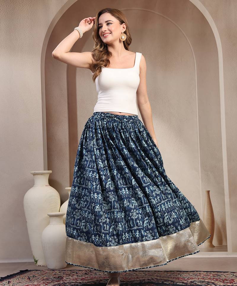 Blue graphic printed cotton flared maxi skirt for women