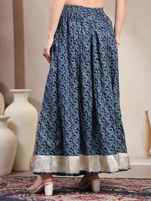Blue floral printed cotton flared maxi skirt for women 3