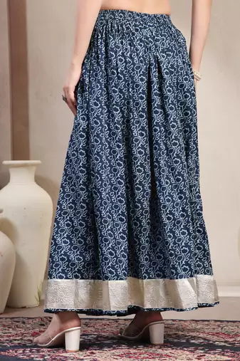 Blue floral printed cotton flared maxi skirt for women