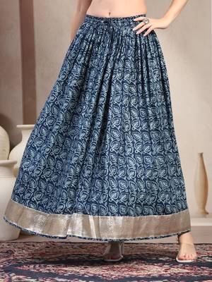 Blue floral printed cotton flared maxi skirt for women 2