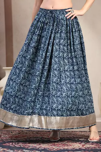 Blue floral printed cotton flared maxi skirt for women