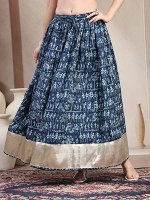 Blue graphic printed cotton flared maxi skirt for women 2