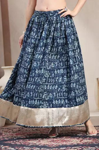 Blue graphic printed cotton flared maxi skirt for women