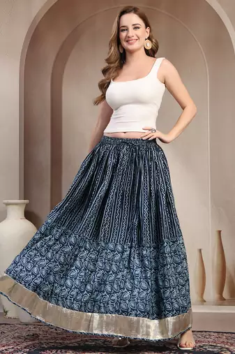Blue floral printed cotton flared maxi skirt for women