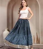 Blue floral printed cotton flared maxi skirt for women