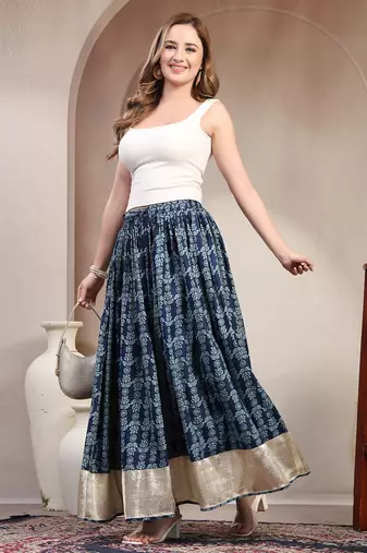 Blue floral printed cotton flared maxi skirt for women