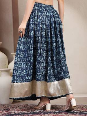 Blue graphic printed cotton flared maxi skirt for women 3