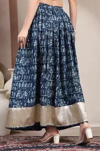 Blue graphic printed cotton flared maxi skirt for women
