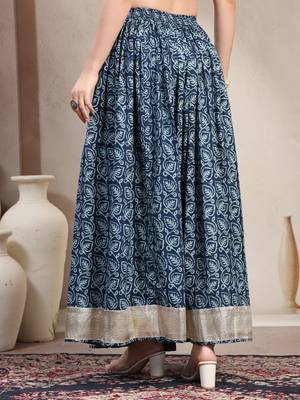 Blue floral printed cotton flared maxi skirt for women 3