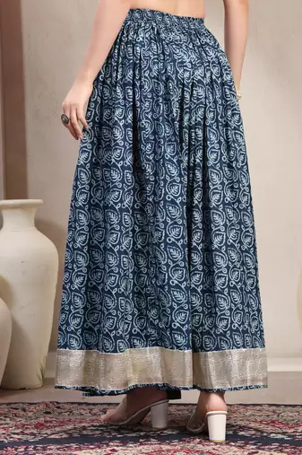 Blue floral printed cotton flared maxi skirt for women