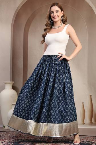 Blue floral printed cotton flared maxi skirt for women