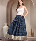 Blue floral printed cotton flared maxi skirt for women