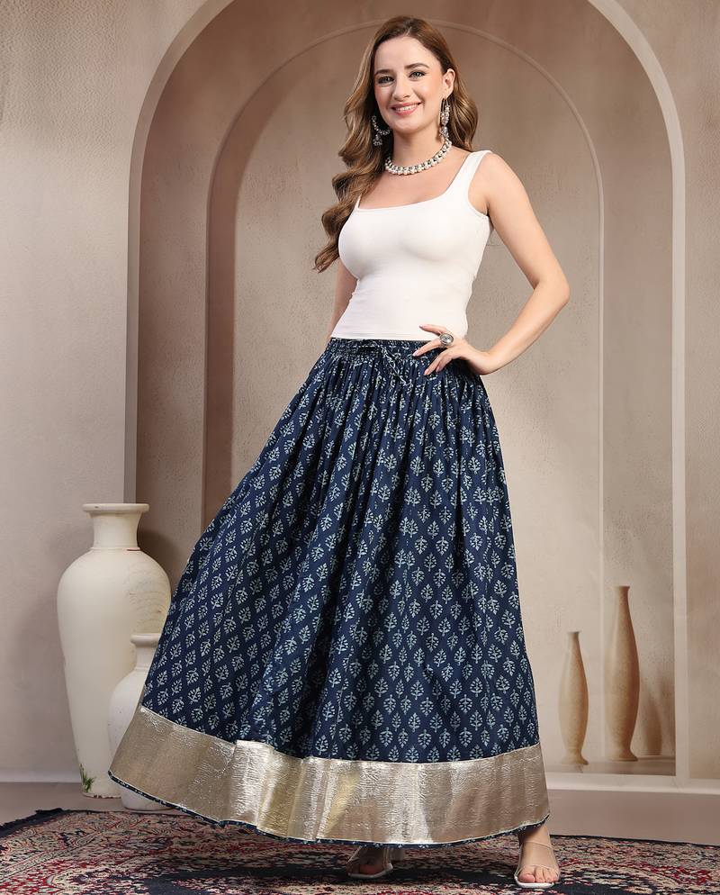 Blue floral printed cotton flared maxi skirt for women