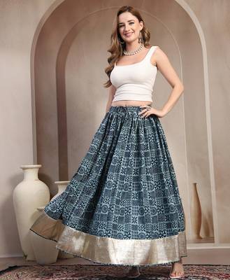 Blue floral printed cotton flared maxi skirt for women 1
