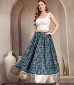 Blue floral printed cotton flared maxi skirt for women