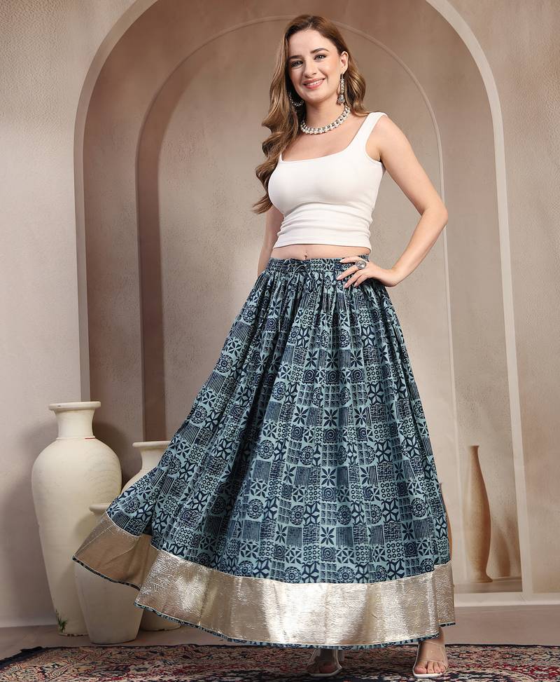 Blue floral printed cotton flared maxi skirt for women