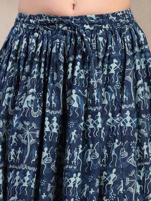 Blue graphic printed cotton flared maxi skirt for women 4