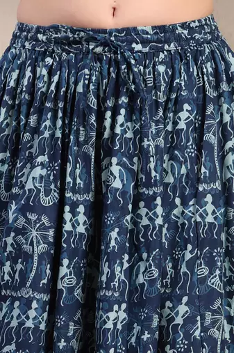 Blue graphic printed cotton flared maxi skirt for women