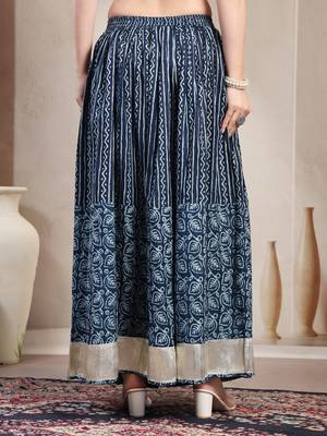 Blue floral printed cotton flared maxi skirt for women 3
