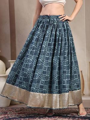 Blue floral printed cotton flared maxi skirt for women 2