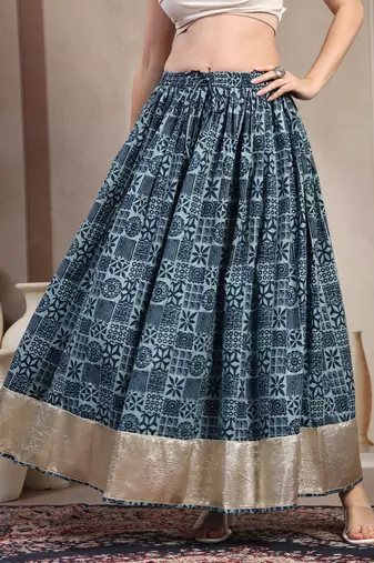 Blue floral printed cotton flared maxi skirt for women
