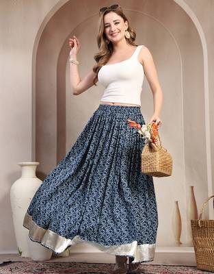 Blue floral printed cotton flared maxi skirt for women 5