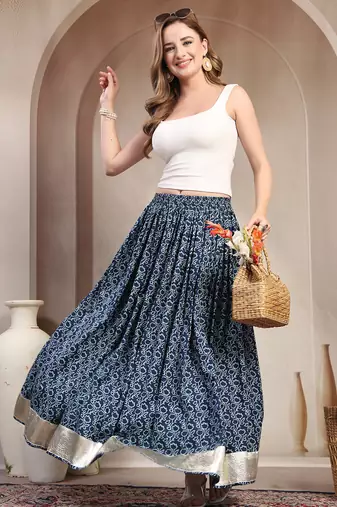 Blue floral printed cotton flared maxi skirt for women