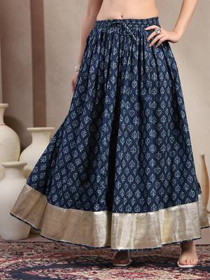 Blue floral printed cotton flared maxi skirt for women 2