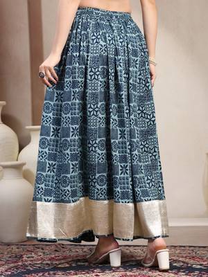 Blue floral printed cotton flared maxi skirt for women 3