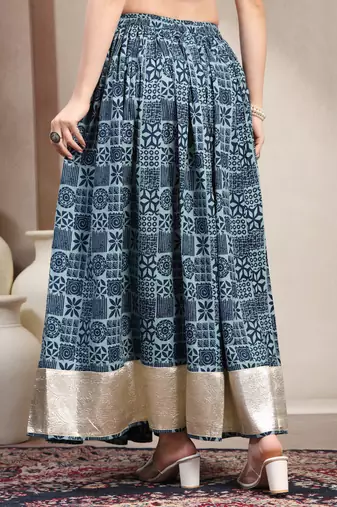 Blue floral printed cotton flared maxi skirt for women